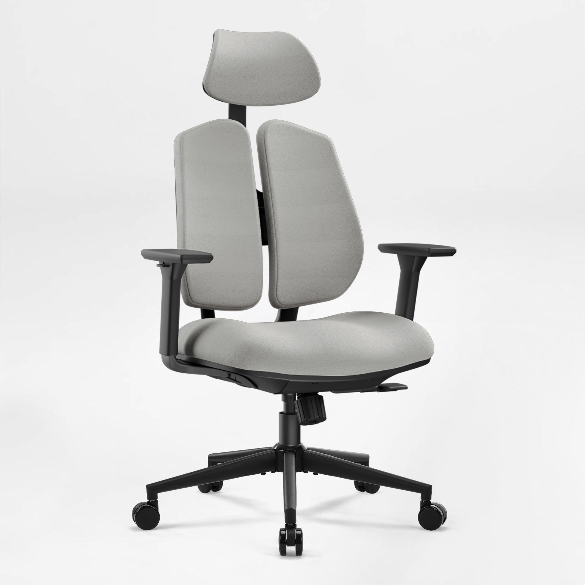 Flex Ergonomic Office Chair With Dual Backrests, Gray Fabric, and Black Base.
