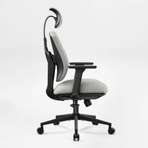 Flex Ergonomic Office Chair in Gray Fabric With Adjustable Headrest and Black Frame, Supporting Ergonomic Posture.