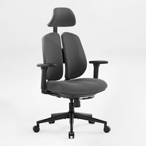 Flex Ergonomic Office Chair in Gray Fabric With Dual Backrests, Black Frame and Headrest.