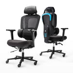 Front and back view of an ergonomic office chair, blue|eurekaergonomic