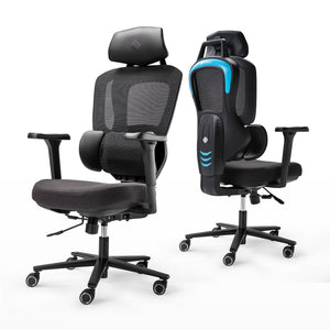 Front and back view of an ergonomic office chair, blue|eurekaergonomic