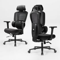 Front and back view of an ergonomic office chair, black|eurekaergonomic