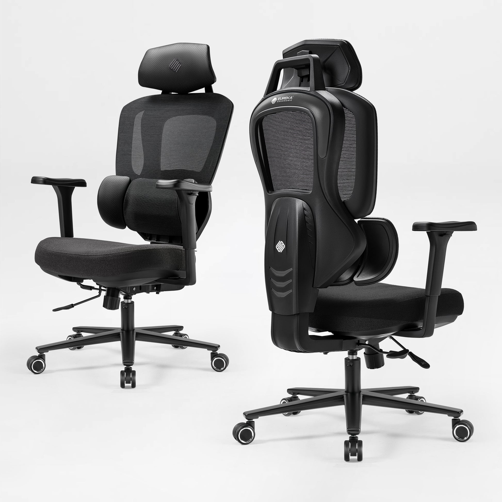 Front and back view of an ergonomic office chair, black|eurekaergonomic