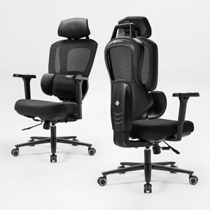 Front and back view of an ergonomic office chair, black|eurekaergonomic