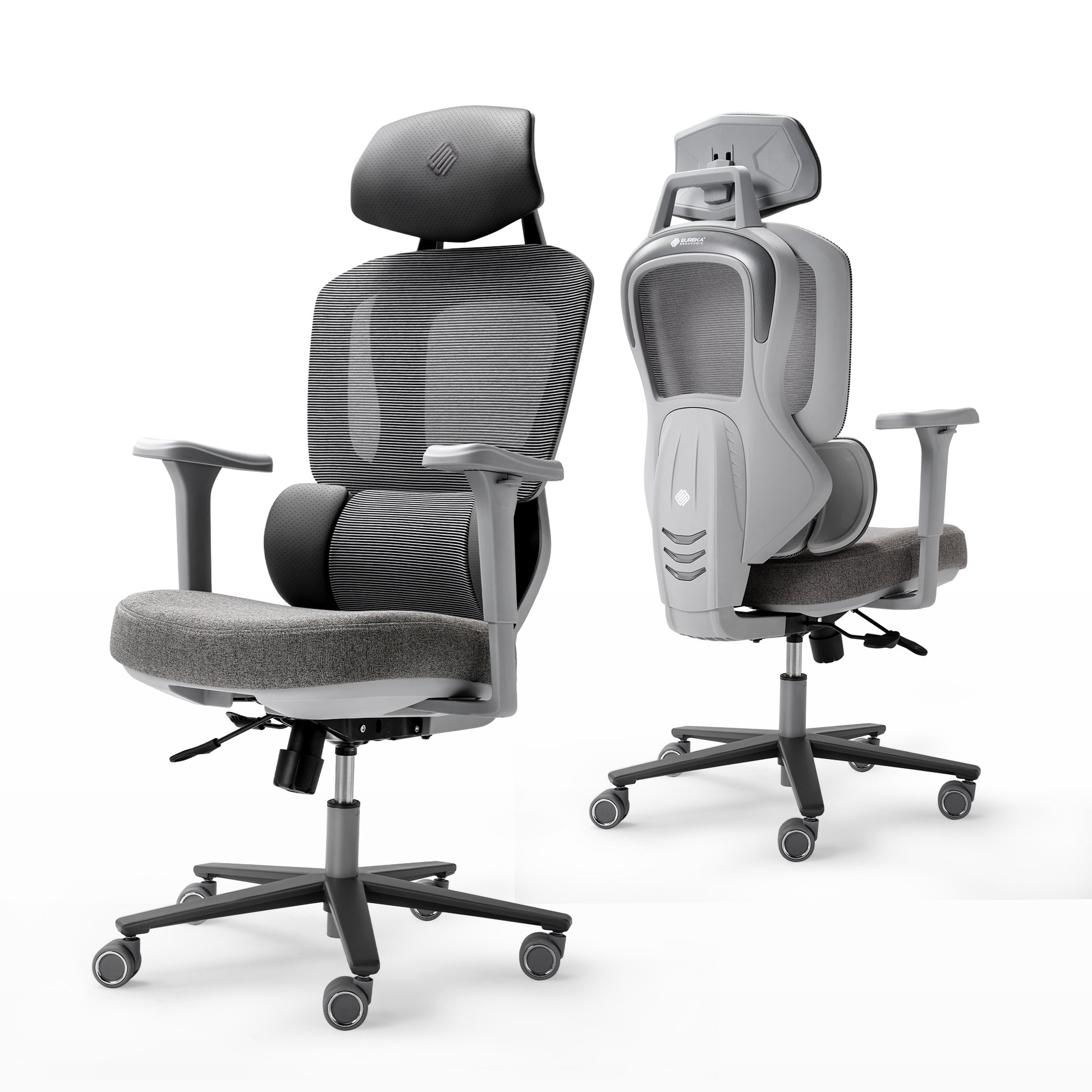 Front and back view of an ergonomic office chair, gray|eurekaergonomic