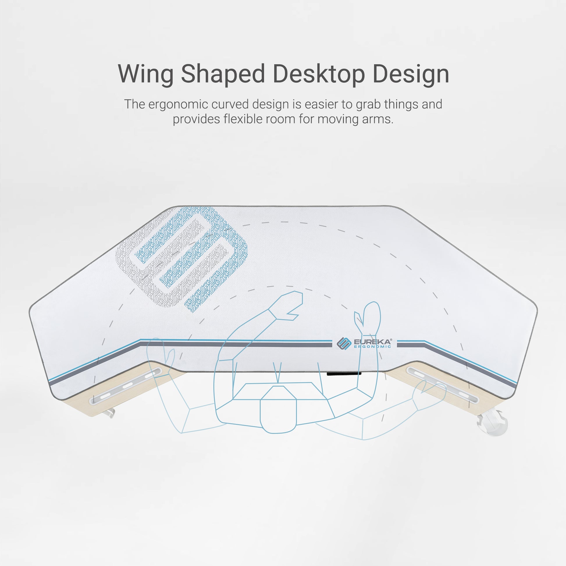 Eureka Ergonomic Full-Desk Mouse Pad, White Surface With Blue Accents, Ergonomic Design, Non-Slip Rubber Base, Soft Fabric.