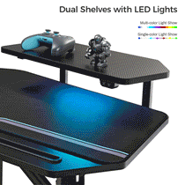 Wing-Shaped Gaming Desk With Dual Shelves and Led Lights, Multi-Color and Single-Color Light Show Options.
