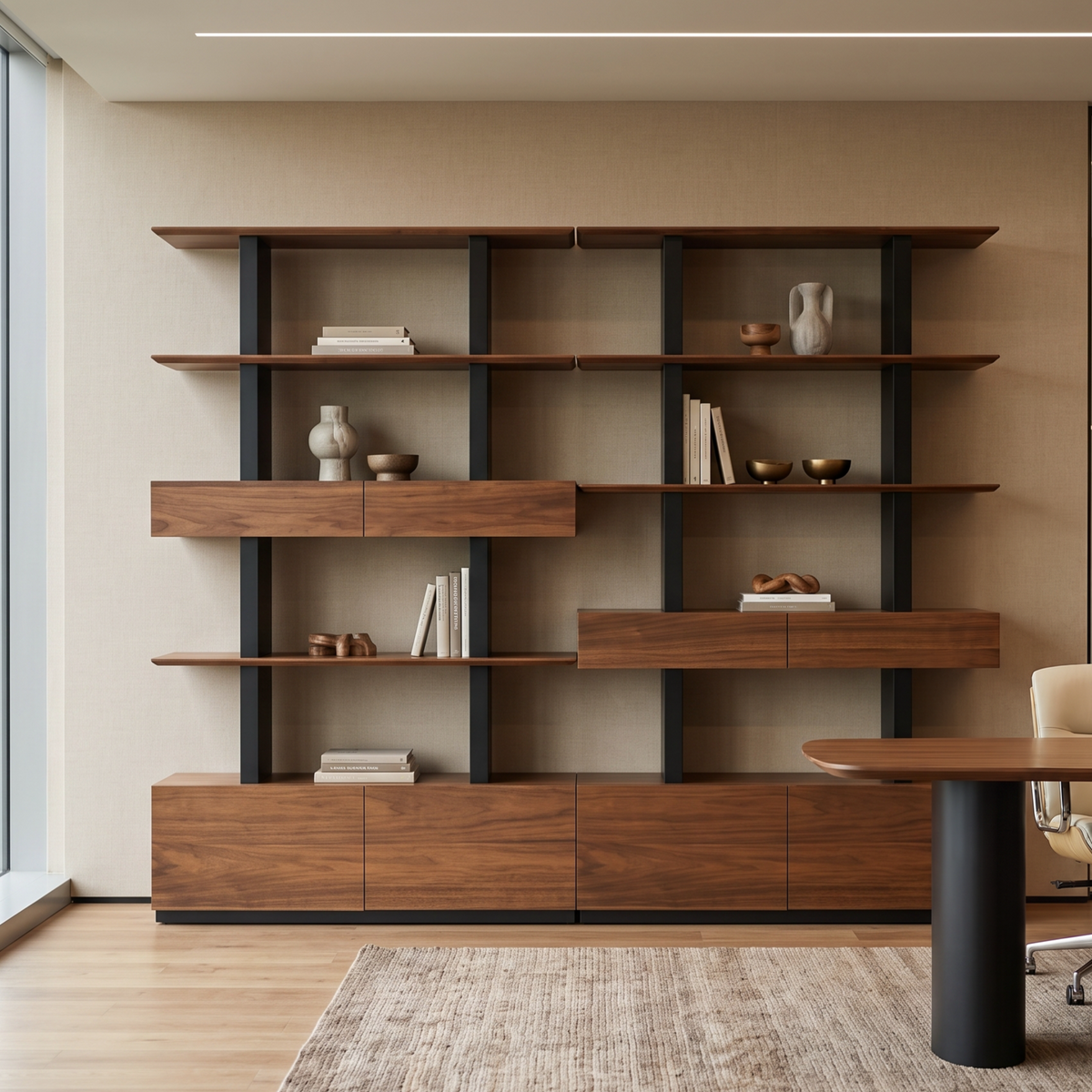 Eureka Ergonomic Ark 78 inch walnut bookshelf with drawers and display shelves in a conference room
