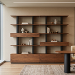Eureka Ergonomic Ark 78 inch walnut bookshelf with drawers and display shelves in a conference room