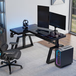 Eureka Ergonomic GTG-L60 Pro L-Shaped Glass Gaming Desk With Rgb Lighting, Dual Curved Monitors, and a Gaming Pc Setup.