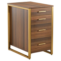 Walnut 4-Drawer File Cabinet With Gold Metal Frame, Perfect for Office Storage.