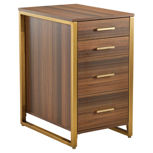 Walnut 4-Drawer File Cabinet With Gold Metal Frame, Perfect for Office Storage.