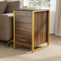 Walnut Four-Drawer File Cabinet With Gold Metal Frame for Office Storage, Next to a Couch.