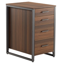 Walnut Four-Drawer File Cabinet With Metal Frame, for Office Storage.