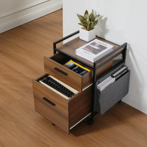 Rolling File Cabinet With Drawer, Dark Wood Finish, and Metal Frame, Featuring Filing Storage and Fabric Bag.