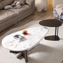 Contemporary Side Tables Set in a Modern Living Room, Featuring Marble Top and Dark Wood Finish.