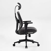 Flex Ergonomic Office Chair With Dual Backrests, Adjustable Headrest and Armrests, in Gray Fabric and Black Frame.