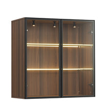 32 Wall Mounted Curio Cabinet With Glass Doors, Dark Wood Finish, Led Lighting, Decor Display.