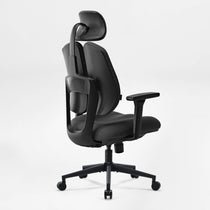 Flex Ergonomic Office Chair, Rear View, Dual Backrests, Gray Fabric, Black Frame, Adjustable Headrest and Armrests.