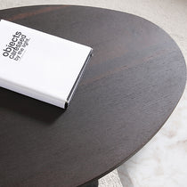 Close-Up of a 23 Contemporary Side Table With Dark Wood Finish, Book Titled Objects Caressed By the Light.