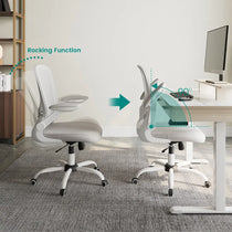 Onyx Ergonomic Office Chair Demonstrating Rocking Function, White Mesh Back and Adjustable Armrests.