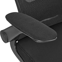 Onyx Ergonomic Office Chair Detail: Black Padded Armrest, Mesh Back, Ergonomic Design.