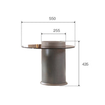 Modern Round Coffee Table With Dimension Details: Grey Base, Glass Top, and Size Measurements.