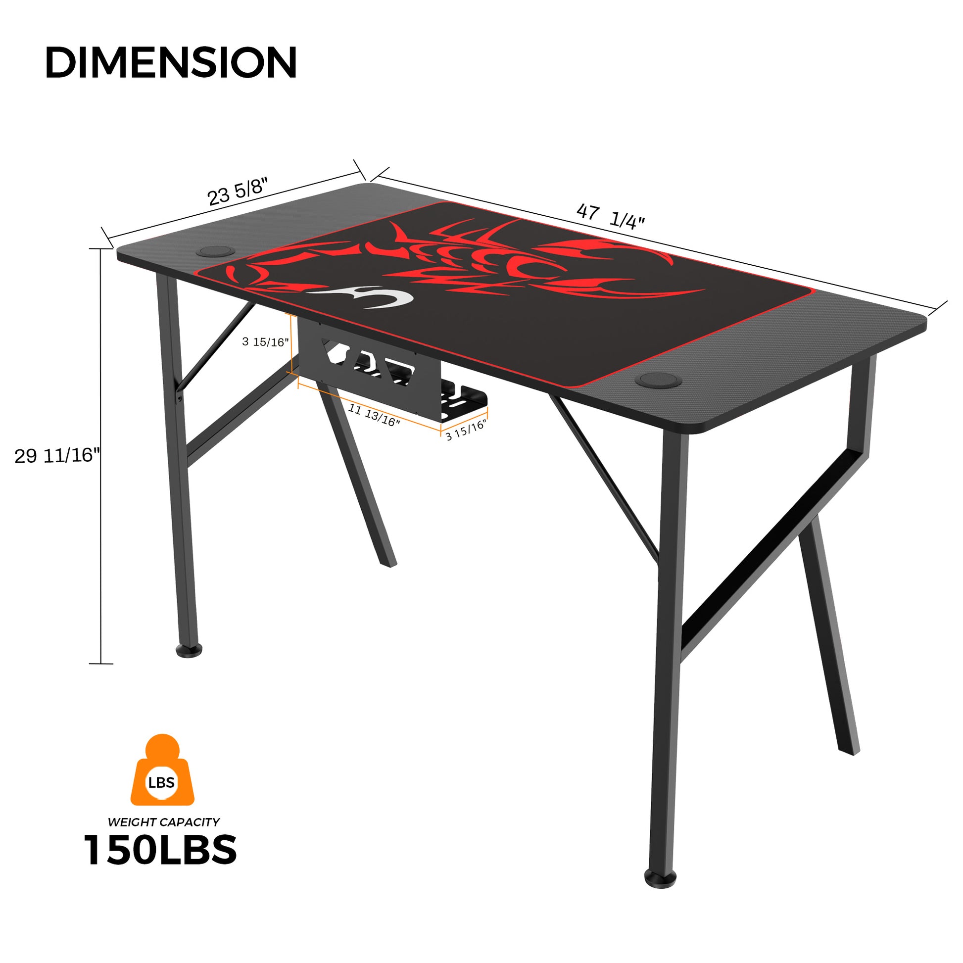 Gaming Desk with K-shaped Legs Product Dimensions