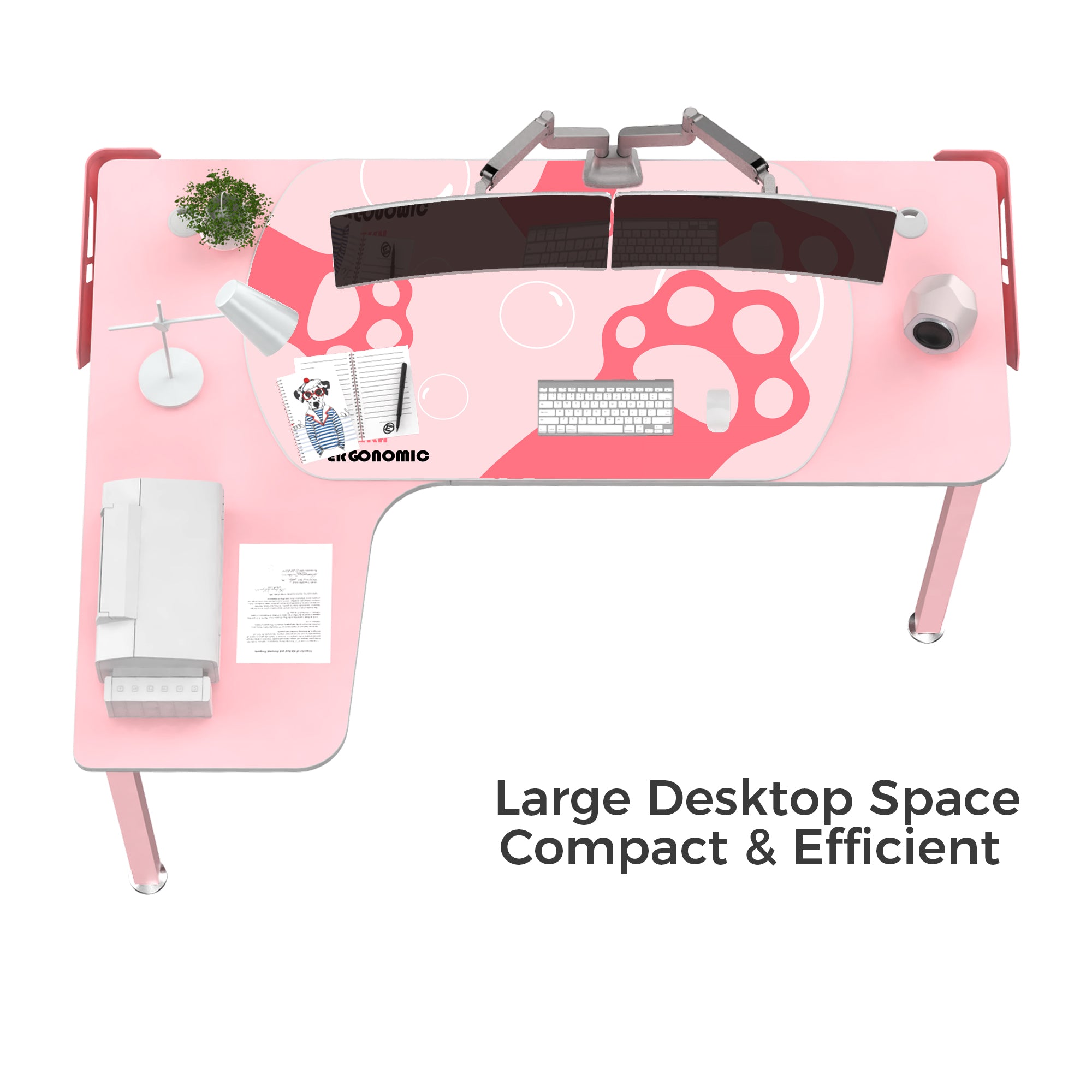 60'' Pink L shaped Computer Desk with Mouse Pad and Cable Management