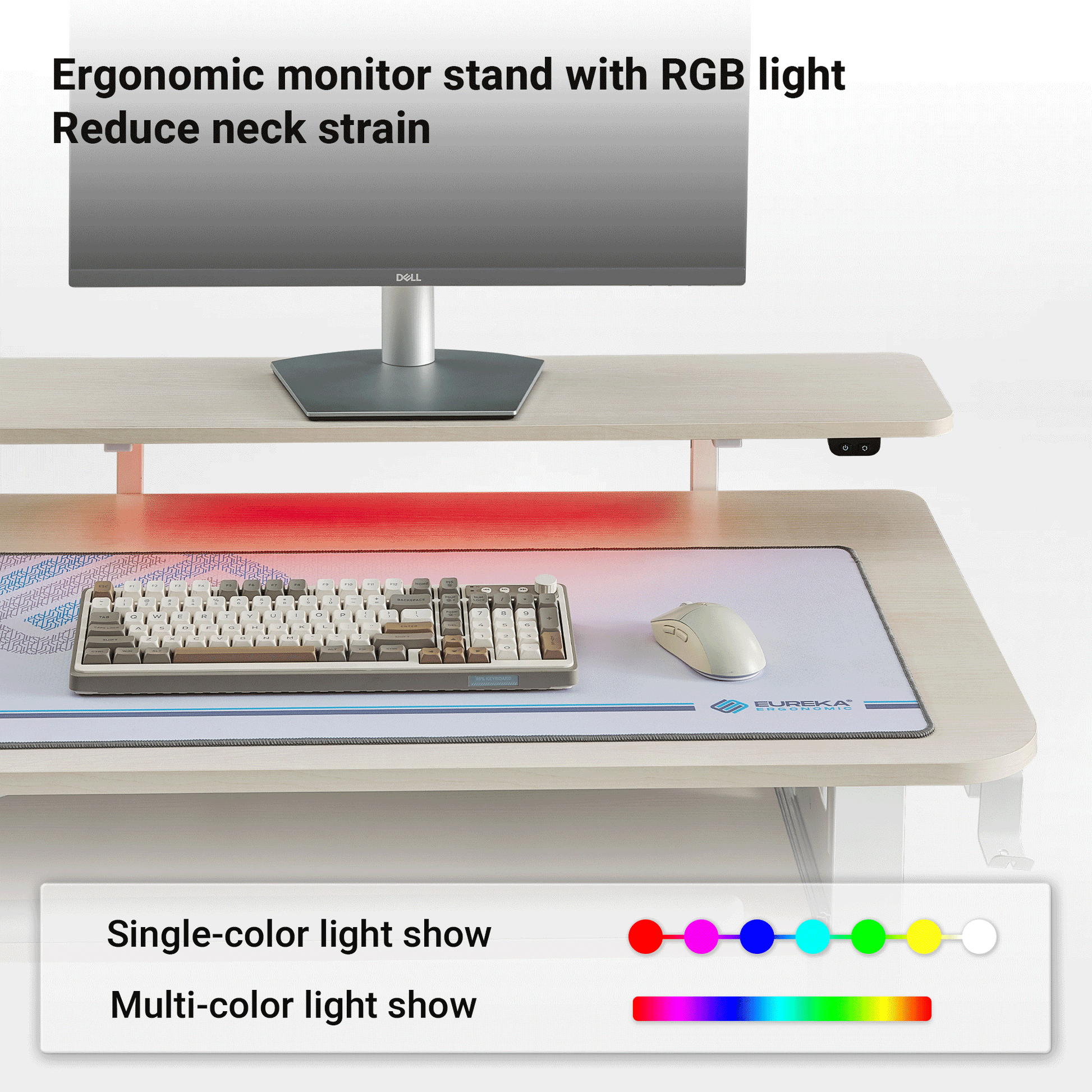 Ergonomic Monitor Stand With Rgb Light and Reduce Neck Strain, Featuring Single and Multi-Color Light Show.