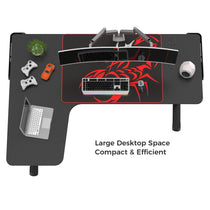 Black L-Shaped Gaming Desk With Triple Monitors, Carbon Fiber Surface, and Efficient Design for Gaming Setup.