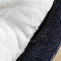 Gloria Swivel Lounge Chair Detail, White Faux Fur Seat and Navy Chenille Back, Close-Up View.
