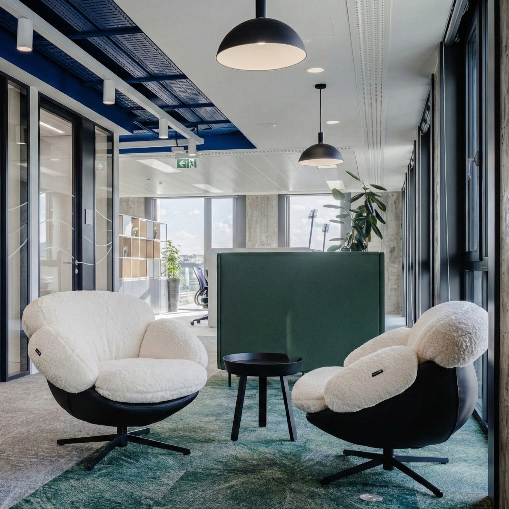 Cara Modern Swivel Lounge Chair in White Lamb Velvet and Black Leather, Neutral Modern Design.