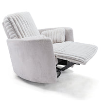 Lucia Swivel Rocking Recliner in Light Gray Fabric, Reclined, Showcasing Ergonomic Design and Comfort.