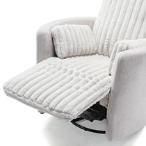 Lucia Swivel Recliner With White, Textured Upholstery, Reclined Position for Relaxation.