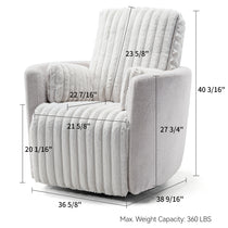 Lucia Swivel Rocking Recliner in White Textured Upholstery, With Dimensions Visible.