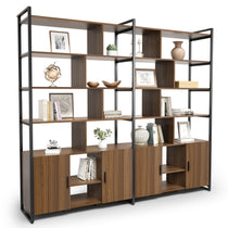 Napa Wood Bookcase Cabinet With Books and Decor, Walnut Finish, Black Frame.