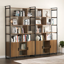 Napa Wood Bookcase Cabinet With Adjustable Shelves, Books, and Cabinet Storage. Black Metal Frame, Walnut Finish.