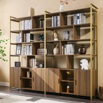 Napa Wood Bookcase Cabinet With Books and Decor, Walnut Finish, Adjustable Shelves, Home Office Storage.