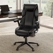 Galene Black Faux Leather Office Chair, Ergonomic Design With Breathable Mesh Headrest for Workspace Comfort.