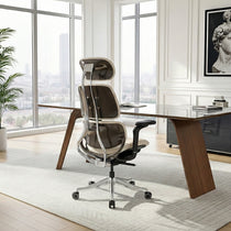 Eureka Ergonomic Light beige Forma ergonomic office chair with black armrests, aluminum frame, and adjustable headrest in a modern office.