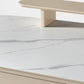 Opal Executive Fixed Height Desk Detail With White Marble Top and Beige Wooden Accents