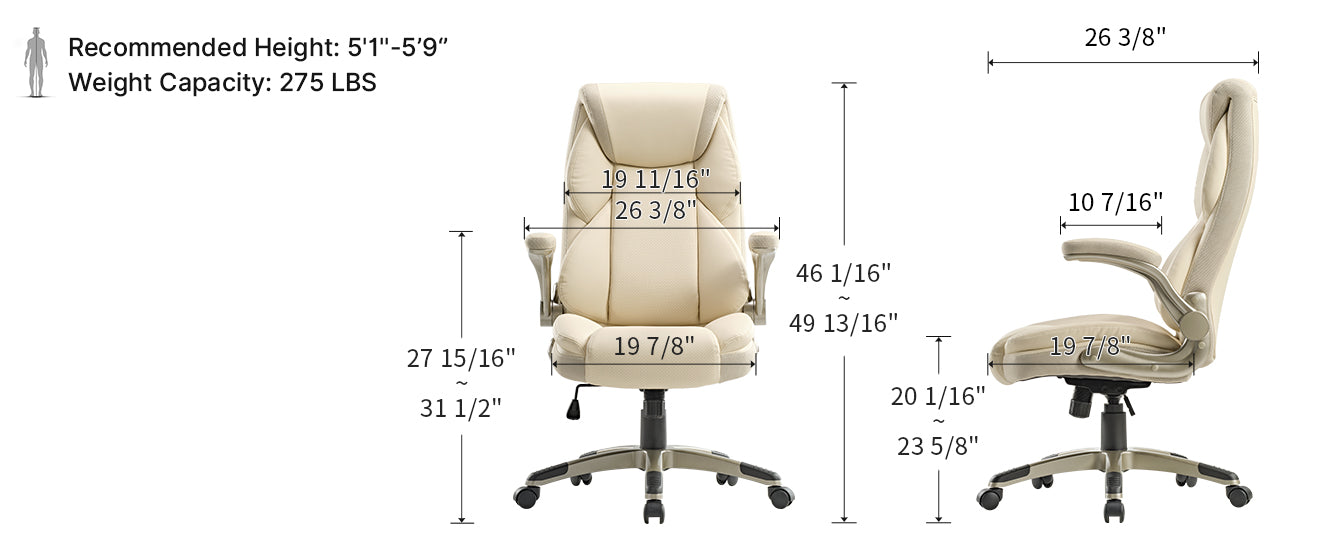 Galene, Home Office Chair, Off-White, Breathable cushioned PU Leather Fabric, Product Dimensions