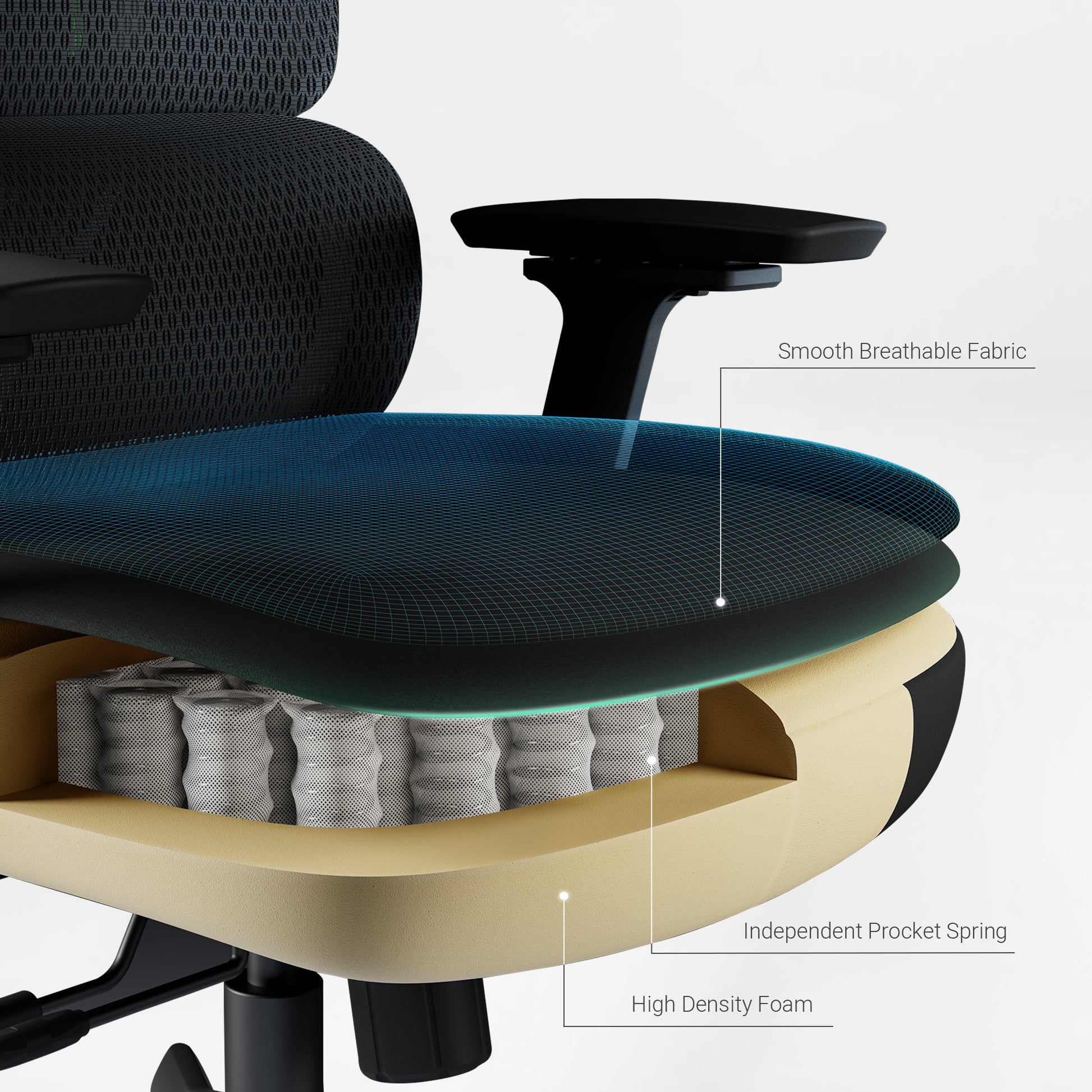 Axion Ergonomic Hybrid Chair Seat Construction: Breathable Fabric, Pocket Springs, and High-Density Foam for Comfort. Blue