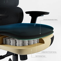 Axion Ergonomic Hybrid Chair Seat Detail: Breathable Fabric, Pocket Springs, and High-Density Foam for Comfort.