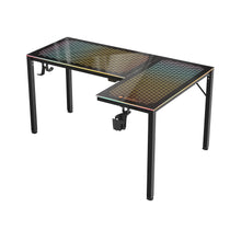 Eureka Ergonomic GTG L-Shaped Glass Gaming Desk 60x40 with RGB lighting, cup holder, and headphone hooks.