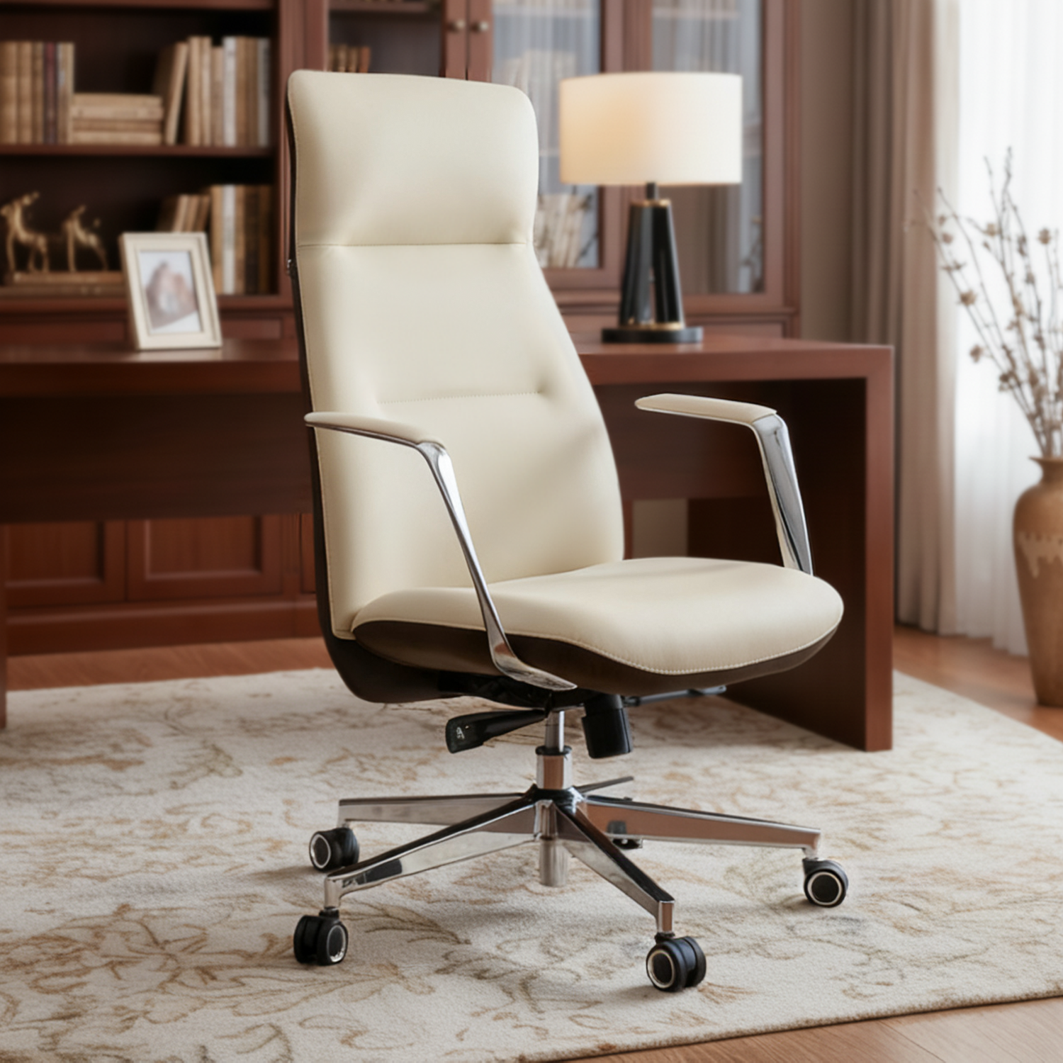 Royal Slim Executive Office Chair in Cream Leather, Ergonomic High-Back Design for Office Comfort.