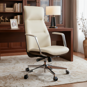 Royal Slim Executive Office Chair in Cream Leather, Ergonomic High-Back Design for Office Comfort.