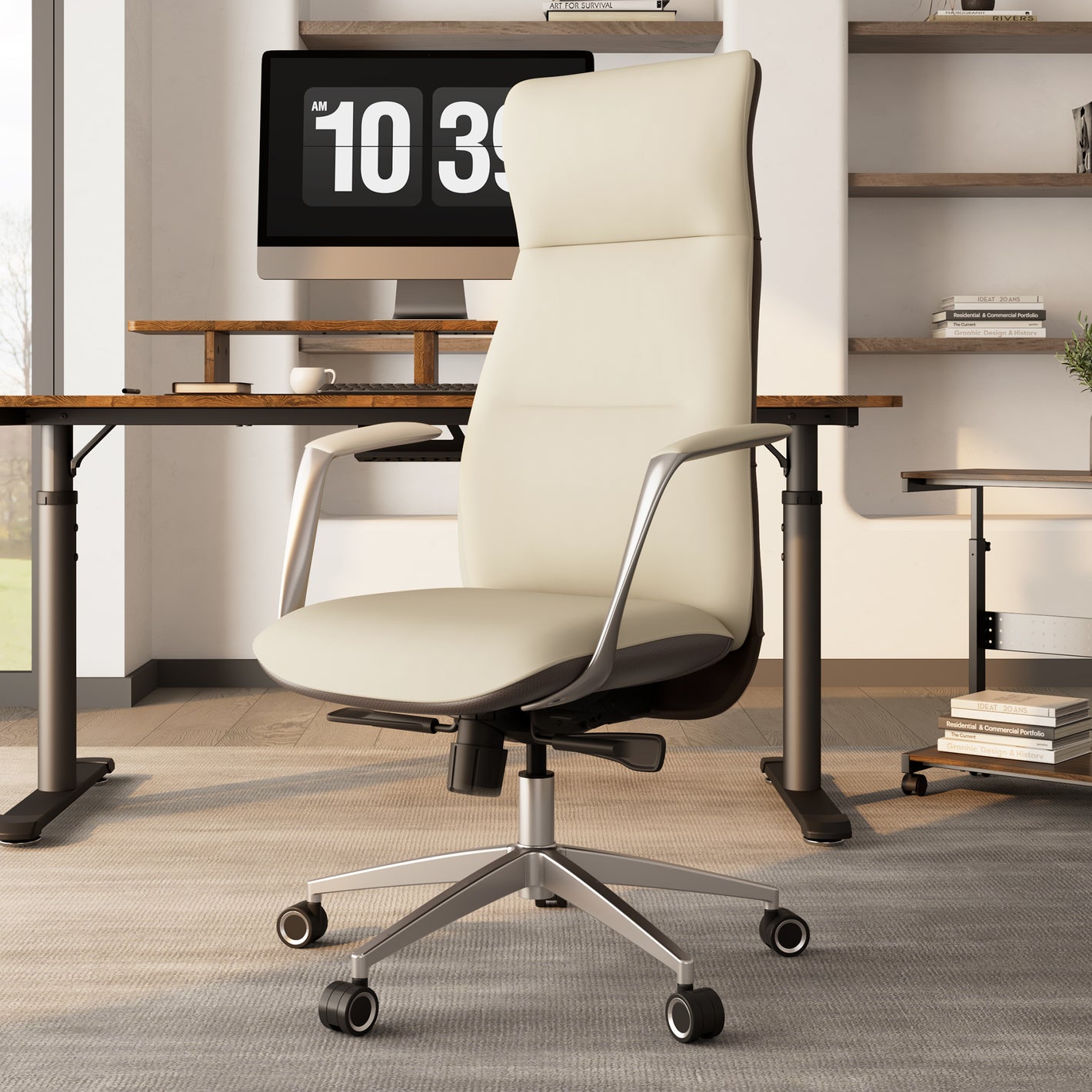 Eureka Ergonomic Royal Slim Leather High Back Executive Office Chair, Beige White