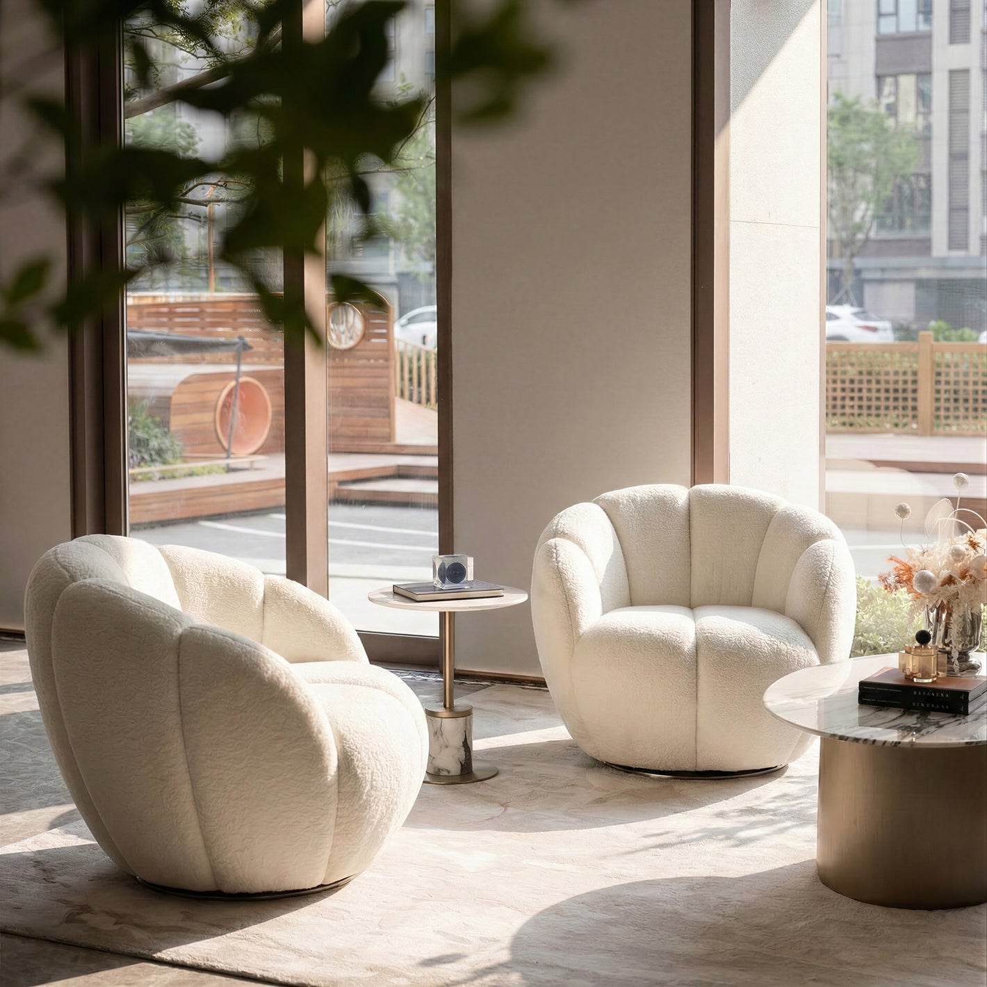White Upholstered Swivel Chair, Adele Design, Ideal for Modern Office
. Features Unique Petal-Like Backrest.